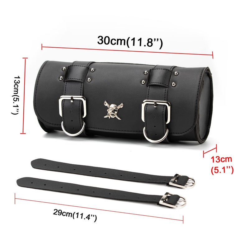 ELAINESTORE Motorcycle Tool Bag, Universal Motorcycle Handlebar Bag, Black PU Leather Roll Saddlebags, Waterproof Sissybar Storage Fork Bag (Pirate Pattern) - Image 2